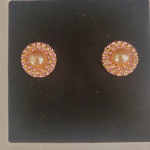 VTG Joan Rivers Earrings Gold Plated with Pink Stones Gold Faux Pearl Clip On - Picture 5 of 9